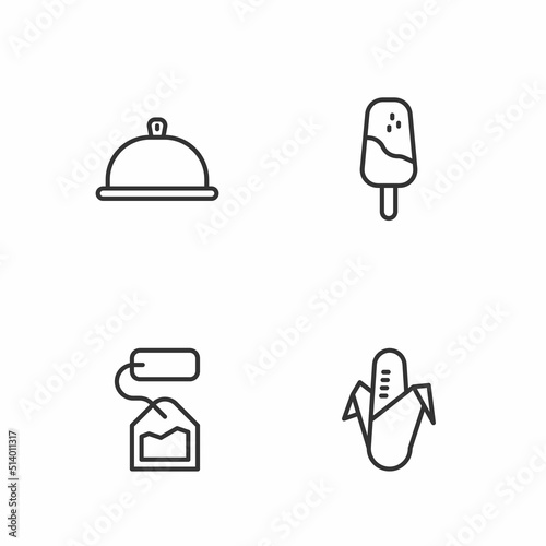 Set line Corn, Tea bag, Covered with tray of food and Ice cream icon. Vector