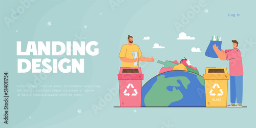 Men holding glass and paper and sorting garbage on polluted planet background. People caring about environment flat vector illustration. Recycling concept for banner, website design, landing web page
