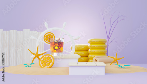 3d render Summer sale podium stand for showing product. Beach Vacations Scene in Summer for mock up.