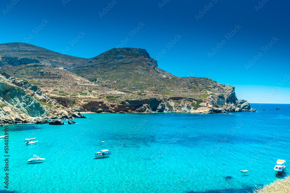 Amazing crystal clear water of Agali Beach, Folegandros,  Greece - obrazy, fototapety, plakaty 