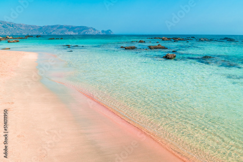 Amazing pink sand beach with crystal clear water in Elafonissi Beach, Crete, Greece