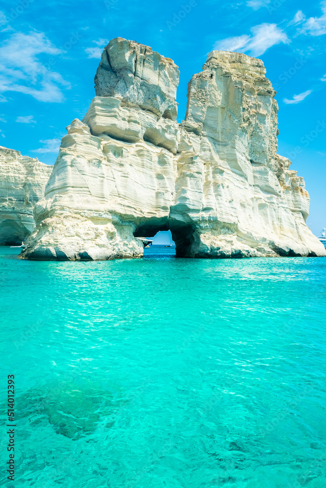 Amazing white cliffs and crystal clear water in Kleftiko Bay, Milos Island,  Greece