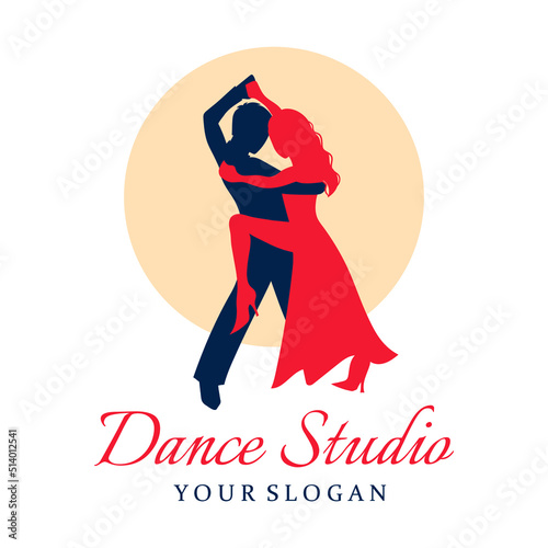 Dance studio logo design template. A dancing couple isolated on white background, vector illustration. Dance school logo, Latino, tango style.