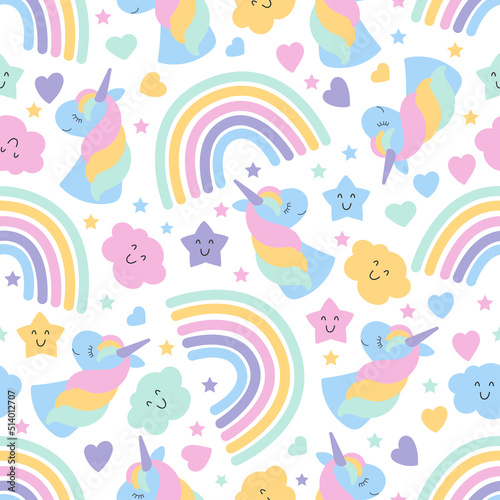 Seamless pattern with unicorns, rainbow and stars. For baby fabric design, backgrounds, wallpapers, wrapping paper. Vector