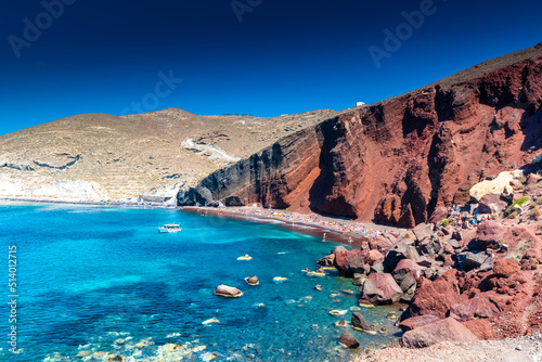 Santorini, Greece, 11 June 2022: The volcanic beach of Akrotiri