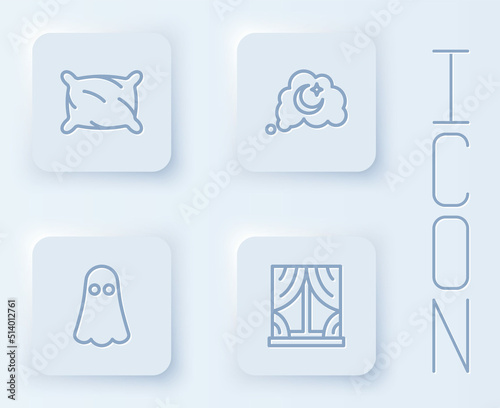 Set line Pillow, Dreams, Ghost and Window with curtains. White square button. Vector