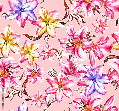 Bright Textile Feminine Watercolor Botanical Floral Painted Fashion Stylish Decorative Pattern Fabric Wallpaper Tile Seamless with lily flowers on bege.