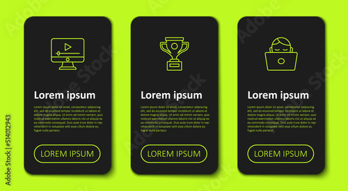 Set line Online play video, Award cup and Student working at laptop. Business infographic template. Vector