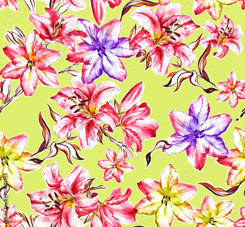 Bright Textile Feminine Watercolor Botanical Floral Painted Fashion Stylish Decorative Pattern Fabric Wallpaper Tile Seamless with lily flowers on yellow.