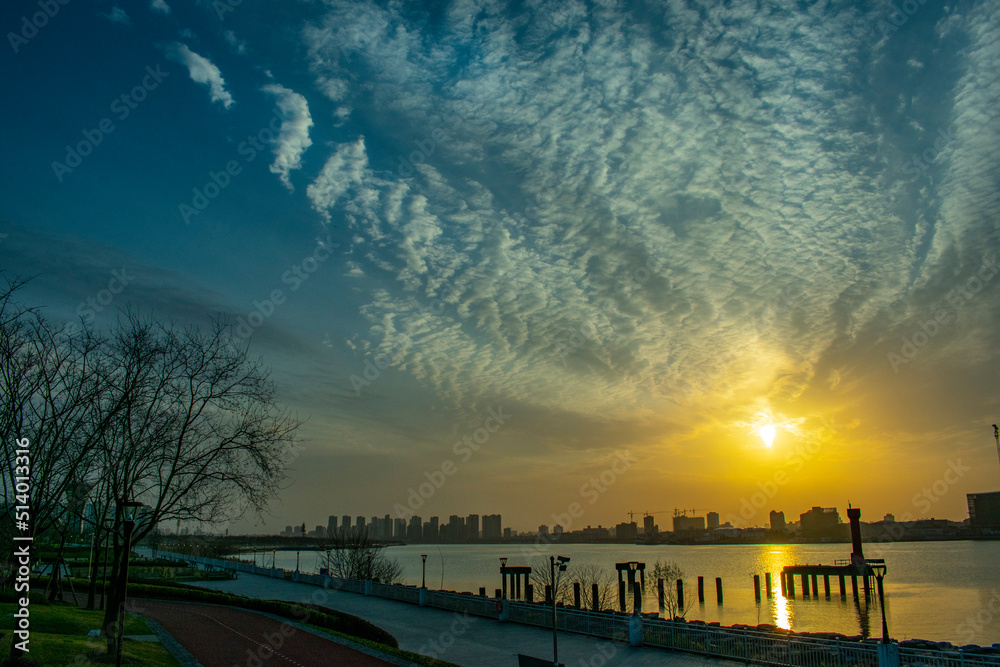 sunset over the Huangpu river Shanghai city China