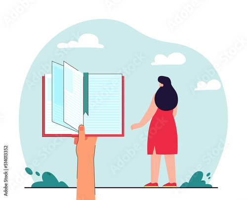 Woman standing next to big hand holding book or journal. Back view of girl, person holding diary or planner flat vector illustration. Literature, schedule concept for banner or landing page