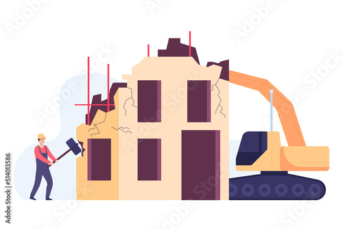Cartoon builder and excavator destroying old house. Construction site, man demolishing building flat vector illustration. Demolition, destruction, construction concept for banner or landing web page