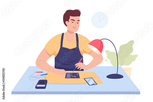 Technician or engineer fixing mobile phone at table. Man repairing broken smartphone at service center flat vector illustration. Maintenance, repair service, technology concept for banner