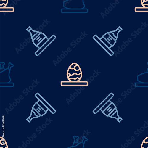 Set line Roasted turkey or chicken, Bottle of sake and Chinese tea egg on seamless pattern. Vector