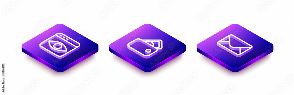 Set Isometric line Personal information collection, Wallet with money and Mail and e-mail icon. Vector Set Isometric line Personal information collection, Wallet with money and Mail and e-mail icon. Vector