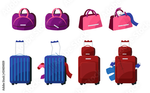 Broken bags and suitcases with clothes vector illustrations set. Collection of drawings of baggage with tears and cracks isolated on white background. Luggage, damage concept