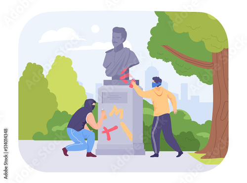 Hooligans or bandits drawing graffiti on monument in city park. Cartoon male teenagers damaging statue flat vector illustration. Vandalism, crime concept for banner, website design or landing web page