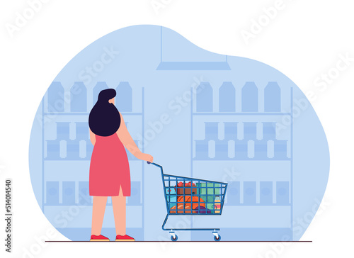 Back view of female customer with shopping cart in grocery shop. Woman choosing products from shelves in store flat vector illustration. Grocery shopping, food concept for banner or landing web page