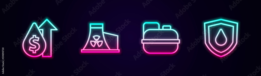 Set line Oil price increase, Nuclear power plant, Canister for gasoline and drop on shield. Glowing neon icon. Vector Set line Oil price increase, Nuclear power plant, Canister for gasoline and drop on shield. Glowing neon icon. Vector