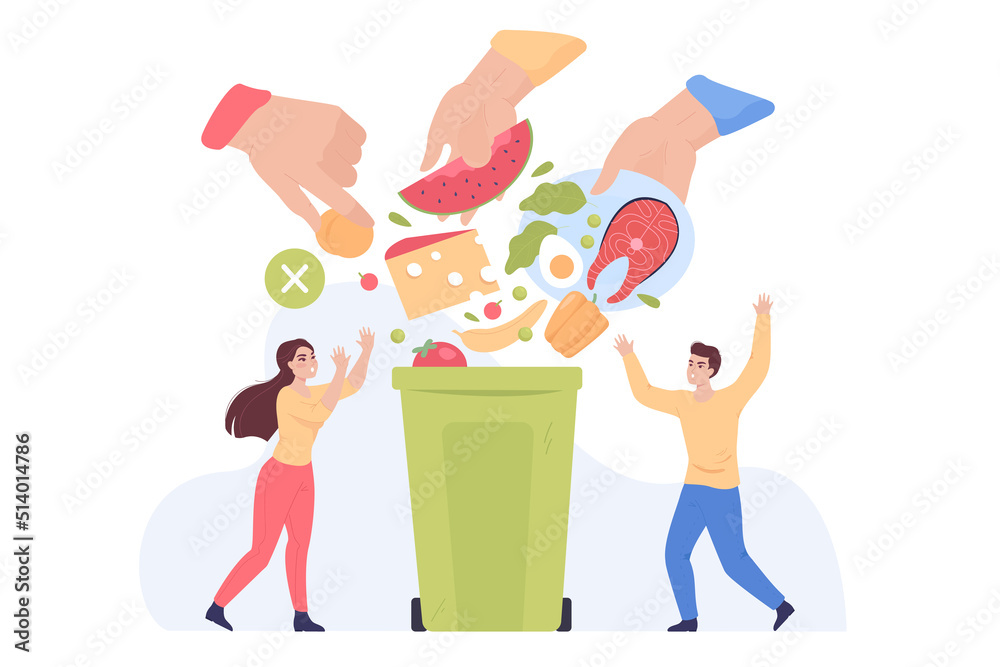Vettoriale Stock Tiny angry people and giant hands throwing food in bin