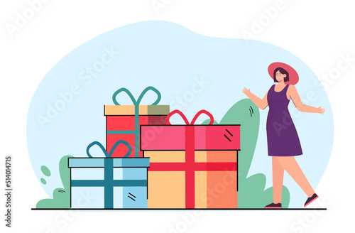 Tiny happy woman next to big gift boxes. Present boxes with ribbons as symbol of birthday, surprise or prize flat vector illustration. Celebration, reward, sale concept for banner or landing web page