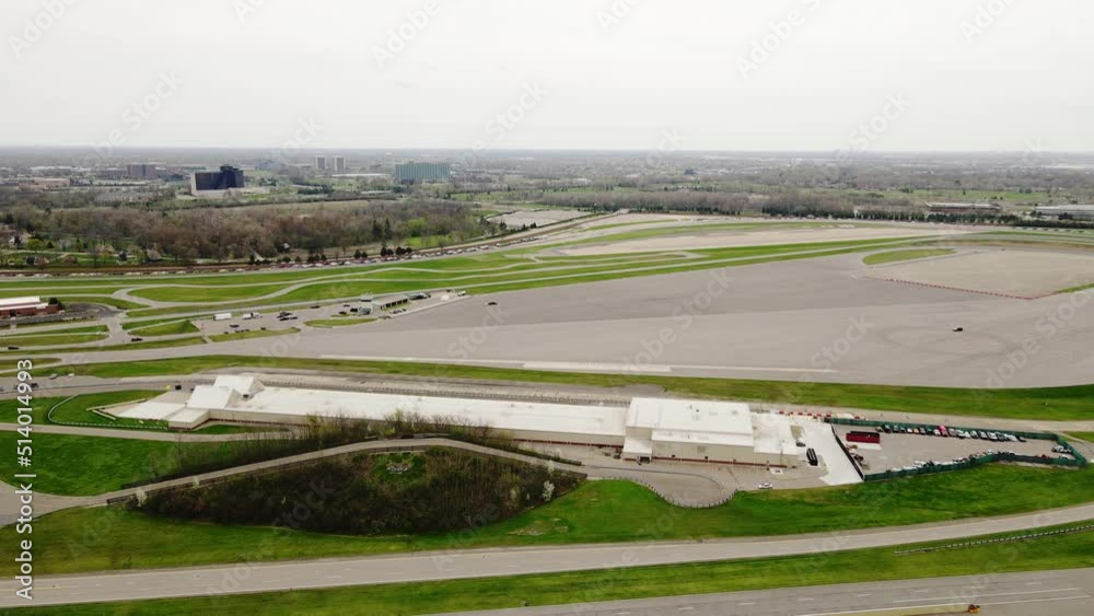 Aerial Panning shot of Ford Dearborn Proving grounds, Dearborn Michigan - Development Center and Driving Dynamics Laboratory Aerial Panning shot of Ford Dearborn Proving grounds, Dearborn Michigan - Development Center and Driving Dynamics Laboratory