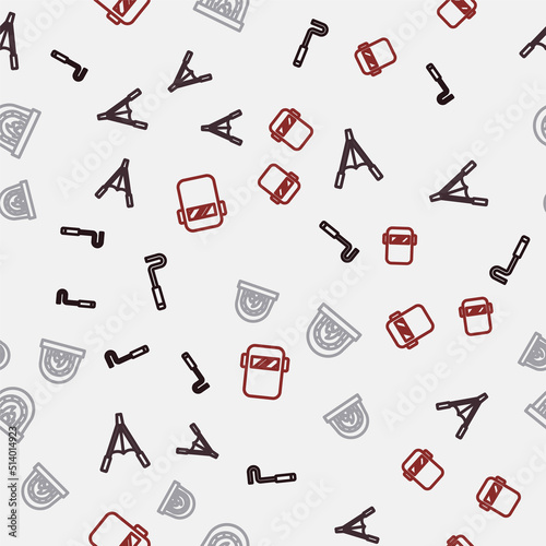 Set line Fire poker, Air blower bellows, Blacksmith oven and Welding mask on seamless pattern. Vector