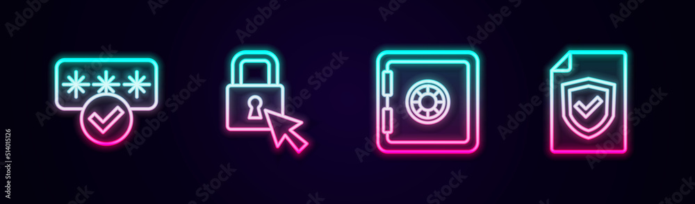 Set line Password protection, Lock, Safe and Contract with shield. Glowing neon icon. Vector Set line Password protection, Lock, Safe and Contract with shield. Glowing neon icon. Vector