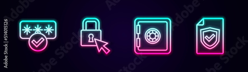 Set line Password protection, Lock, Safe and Contract with shield. Glowing neon icon. Vector