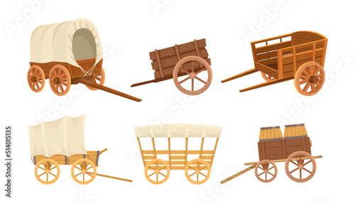 Vintage wooden farming vehicles vector illustrations set. .Old western carriages, wheelbarrows, carts or wagons from wood with big wheels isolated on white background. Farming, transportation concept