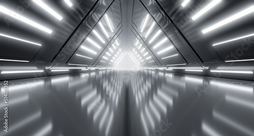 Futuristic Cyber Tunnel, Sci Fi Dark Lights corridor interior design. Triangle Metal Structures Future concept design. 3D Rendering