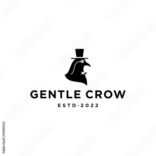 crow wearing classic hat, bowtie and vintage monocle glass logo design. gentleman black raven crow with monocle glasses and bowler top hat icon logo design vector Illustration 