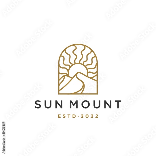 sun logo. golden sunset sunrise with mountain logo icon vector in trendy line linear, abstract outline logo vector for hotel or spa