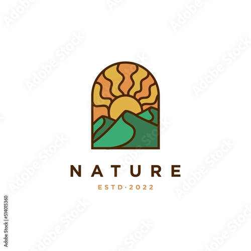 mountain and sun illustration badge logo. nature illustration on arch or window. boho style logo design