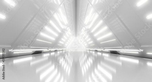 Abstract Futuristic corridor interior design with lights. Triangle Spaceship Tunnel Future concept. 3D Rendering