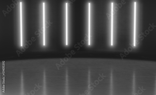 Abstract Futuristic minimal wall scene with vertical glowing neon lighting. Product display presentation empty room concept . 3D Rendering