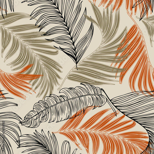 Lush tropics foliage background. Tropical seamless pattern: line sketch palm leaves silhouettes. Jungle vector art. Hand drawn exotic illustration for summer design, beach swimwear, fabric, wallpaper