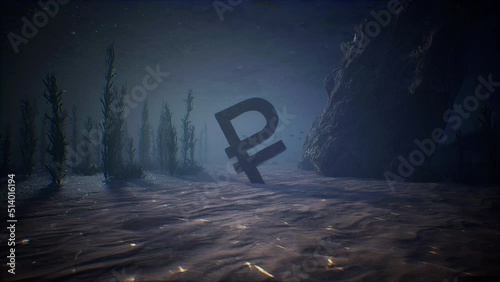 The rusty Russian ruble symbol underwater. Illustration of the effect of sanctions on the Russian economy. Russian invasion of Ukraine. 3D animation 4K 60 FPS. photo