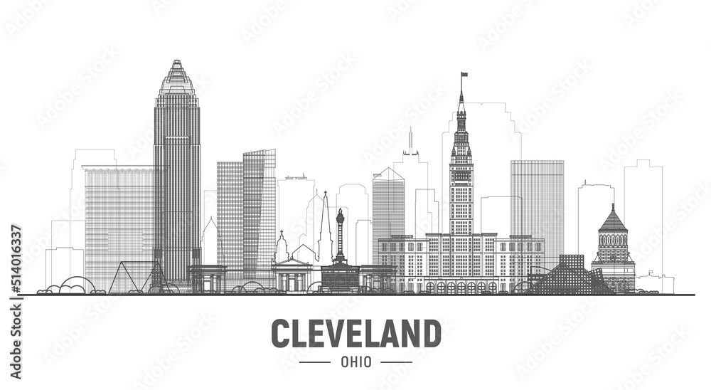 Naklejka premium Cleveland Ohio (USA) line skyline with panorama in white background. Vector Illustration. Business travel and tourism concept with modern buildings. Image for banner or web site