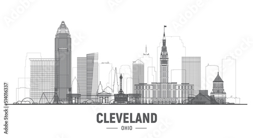 Cleveland Ohio (USA) line skyline with panorama in white background. Vector Illustration. Business travel and tourism concept with modern buildings. Image for banner or web site