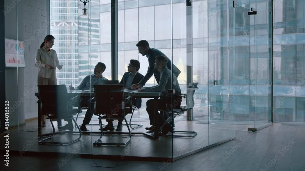 Mature financial analyst telling company development strategy on presentation using computer technology