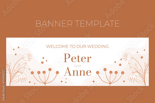 Floral wedding horizontal banner template in doodle style, Welocme to our wedding, invitation card design beige and white flowers, leaves and berries. Decorative frame pattern and wreath. photo