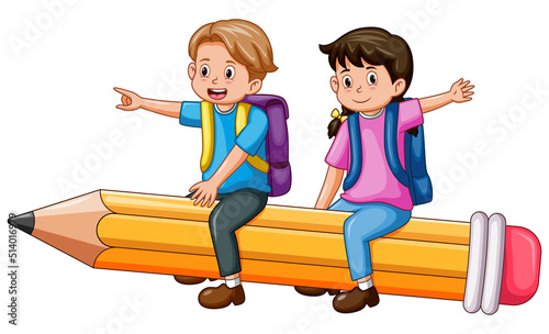 Vector illustration of happy school kids riding a flying pencil isolated on white background