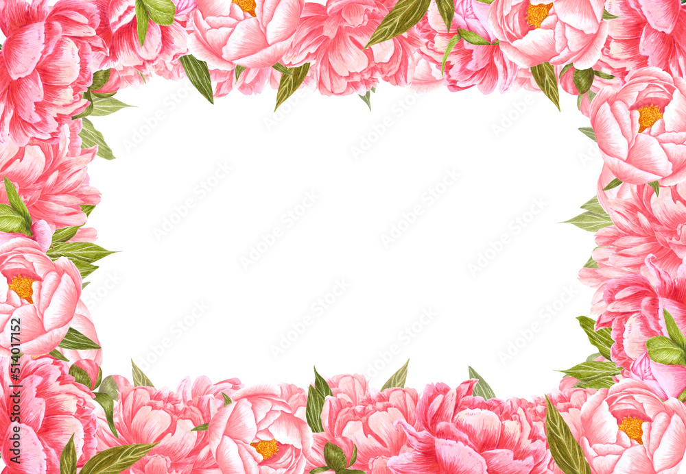 Fototapeta premium Handdrawn Watercolor pink and cream peony flowers frame with green leaves and buds on the white background. Scrapbook design, wedding invitation, label, banner, post card.