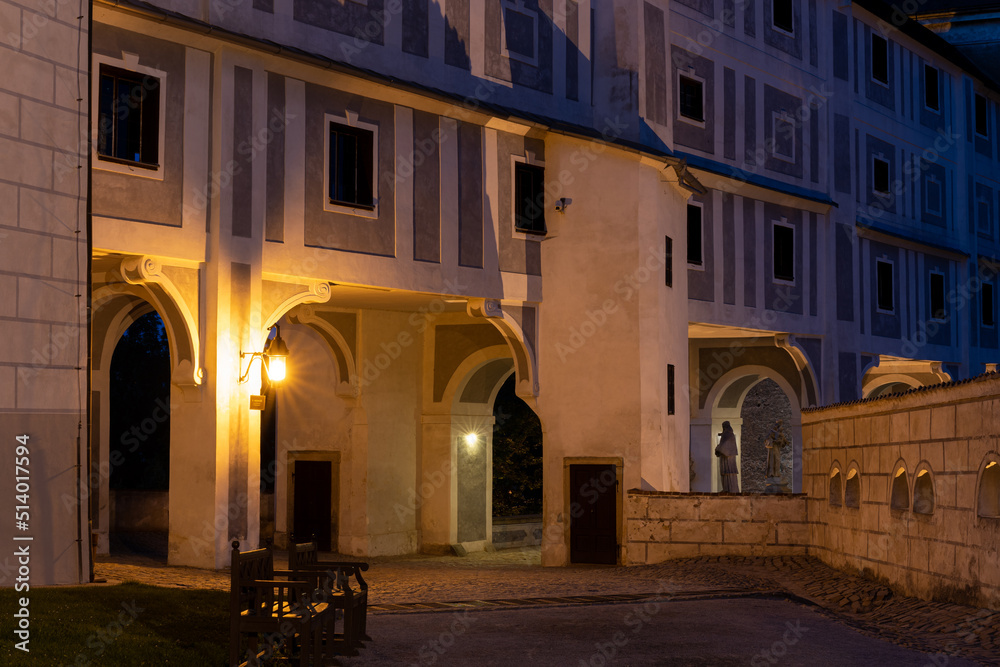 Courtyard and statues at illuminated  