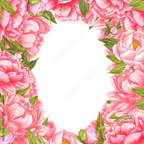 Handdrawn Watercolor pink and red peony flowers frame with green leaves and buds on the white background. Scrapbook design, wedding invitation, label, banner, post card.