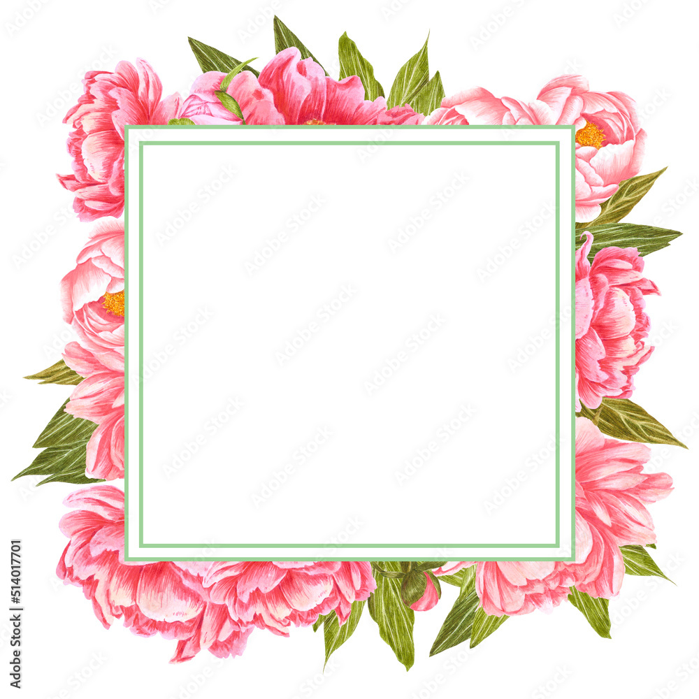 Fototapeta premium Handdrawn Watercolor pink peony flowers frame with green leaves and buds on the white background. Scrapbook design, wedding invitation, label, banner, post card.