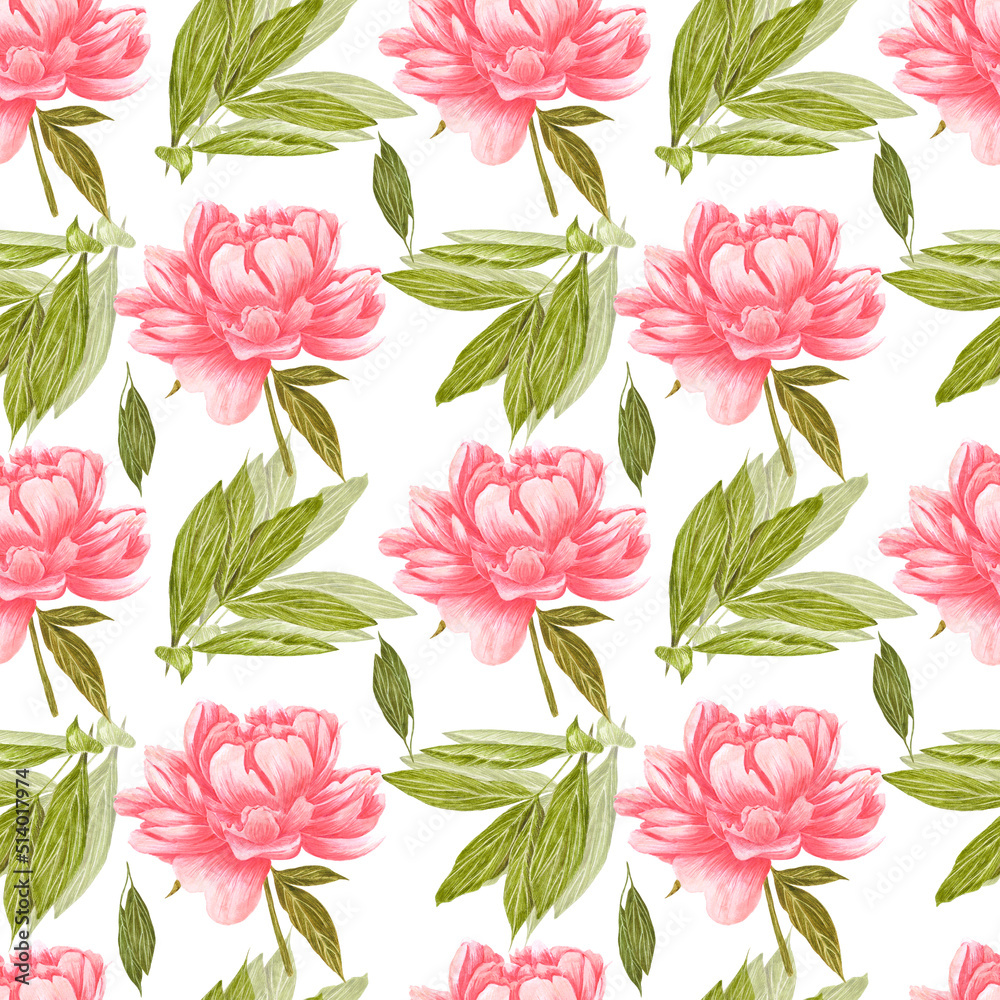 Handdrawn peony flowers seamless pattern. Watercolor pink peony with green leaves on the white background. Scrapbook design, typography poster, label, banner, textile.