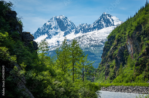 View of majestic mountains viewed through the gorge of Keystone Canyon near Valdez in Alaska