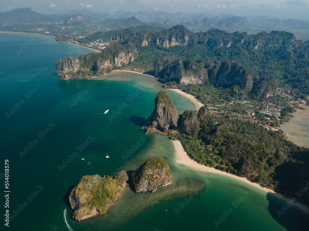 Obraz premium Aerial view of the big limestone island of Phra Nang beach in Krabi, Thailand